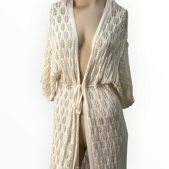 POL Crochet Ivory Beach Cover Up Kimono Cardigan Tassel Tie Waist Size S NWOT - Picture 5 of 12